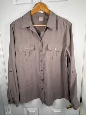 Chico's Taupe Button-Down Shirt Size 2 (L) Soft Modal Roll Tab Utility Blouse